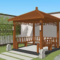 Traditional Chinese Wooden Pavilion In Garden With Grass Bamboo And Stone Lantern