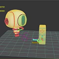 Cartoon White Robot Holding Game Controller With Green Device And Cable On Gray Floor