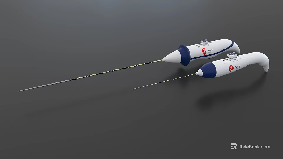 White And Blue Medical Probes With Long Slender Design And Red Logos 3d model 