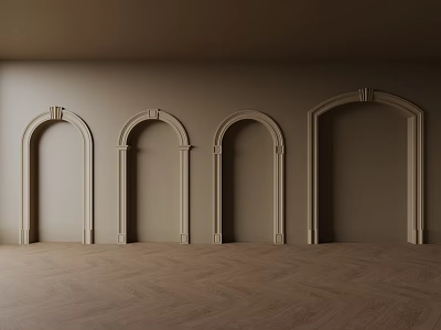 Warm Toned Empty Interior With Arched Doorways And Parquet Floor 3d model
