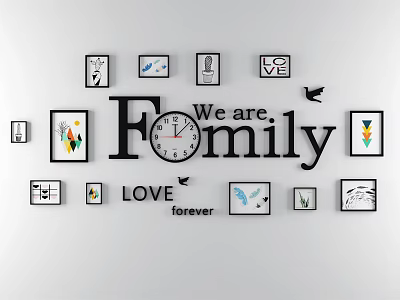Family Themed Wall Decor With Clock Photo Frames Love Signs And Bird Butterfly 3d model