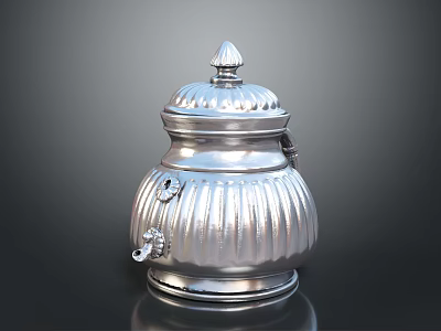 Ornate Carved Silver Lidded Container With Decorative Patterns And Spire Top 3d model