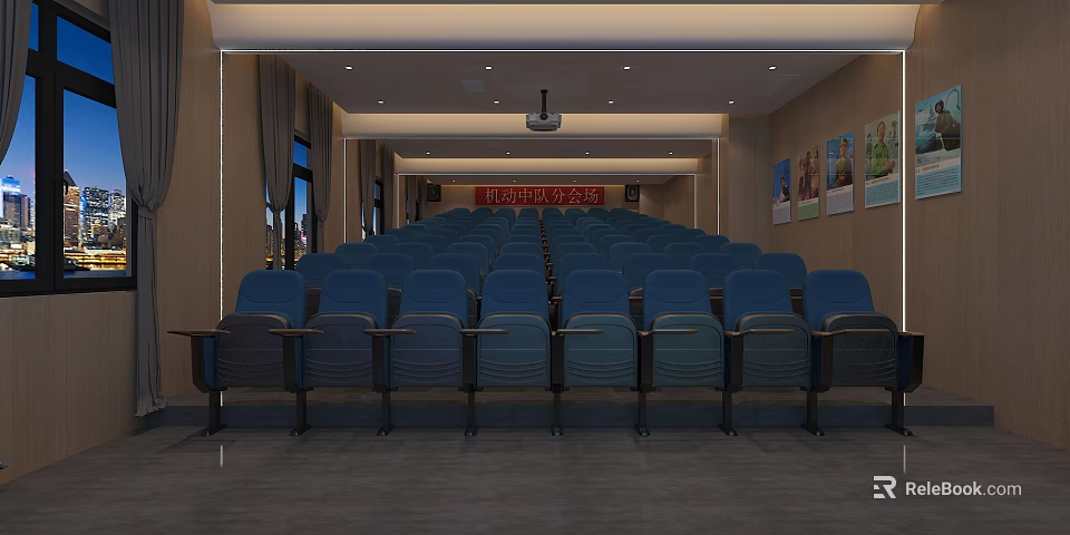 Modern Cinema Interior With Blue Seats Rows Front Screen And Wall Posters 3d model