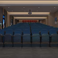 Modern Cinema Interior With Blue Seats Rows Front Screen And Wall Posters 3d model