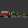 Cartoon Scene With Green Grassland Red Roof House Wooden Bridge And Round Platform