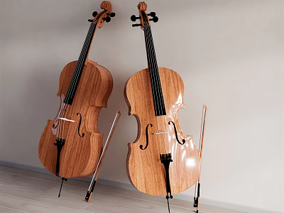 Two Wooden Cellos Leaning Against Wall With Bows In Indoor Setting 3d model