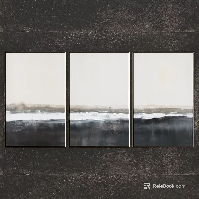 Three Panel Framed Abstract Landscape Wall Art With Black White Gray Tones On Dark Wall 3d model