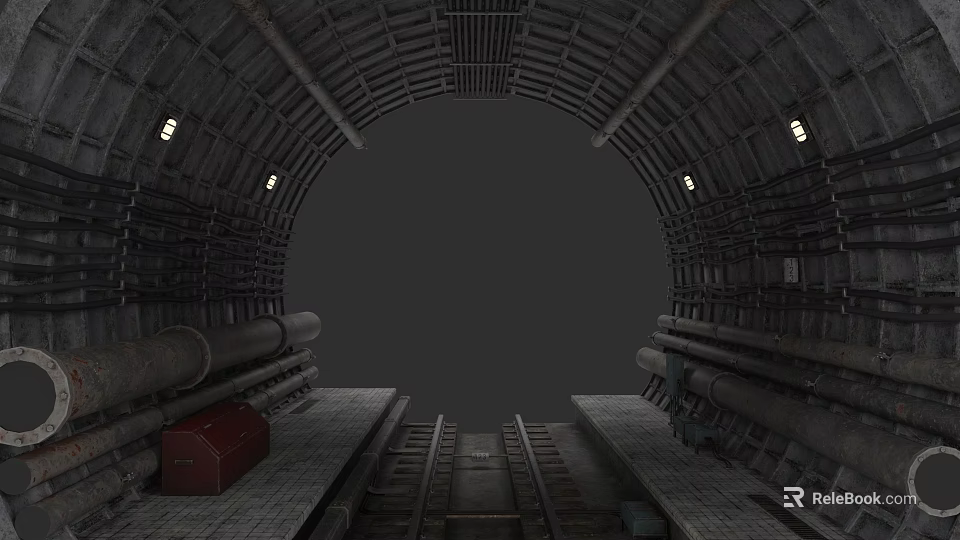 Vintage Subway Tunnel Interior With Metal Tracks Structural Design And Red Box On Platform 3d model 