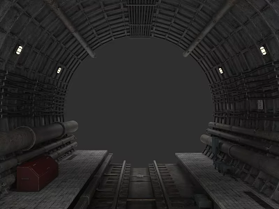 Vintage Subway Tunnel Interior With Metal Tracks Structural Design And Red Box On Platform 3d model