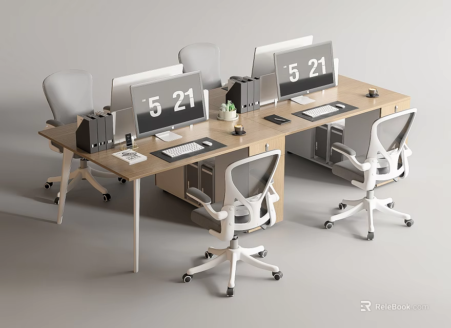 Modern Office Desk With Computer Monitors Ergonomic Chairs And Office Supplies 3d model 