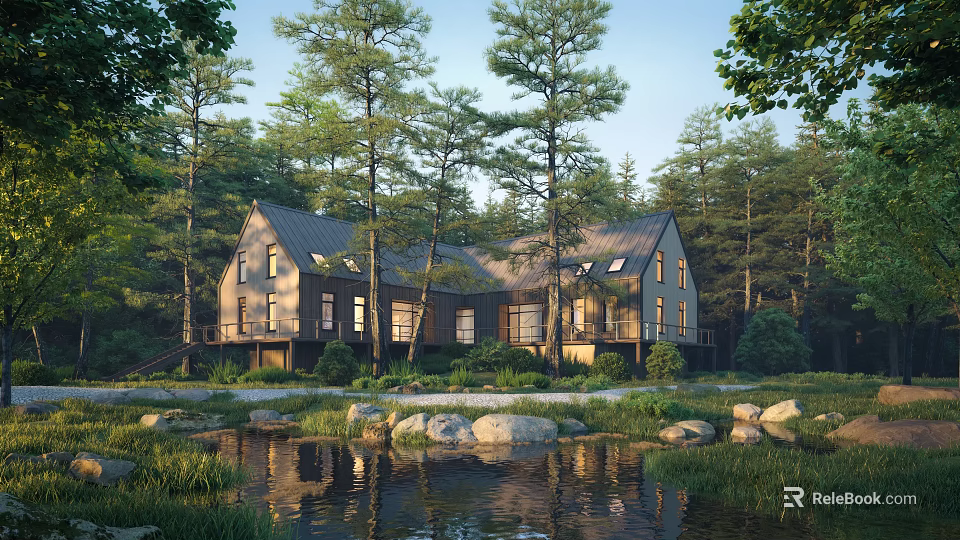 Scenic Forest Landscape with Cozy House Tall Trees Calm Pond and Rocks 3d model 
