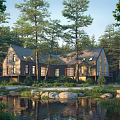 Scenic Forest Landscape with Cozy House Tall Trees Calm Pond and Rocks