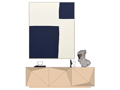 Geometric Cabinet Interior With Blue White Abstract Art And Dog Figurine 3d model