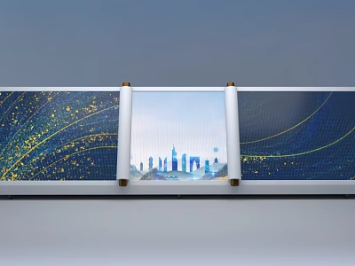 Elegant Reception Desk Featuring City Skyline And Blue Gold Decorative Patterns 3d model