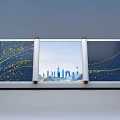 Elegant Reception Desk Featuring City Skyline And Blue Gold Decorative Patterns 3d model