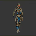 Futuristic Game Movie Character In Metallic Armor With Red Blue Details And Humanoid Figure Design