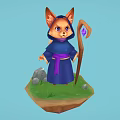 Cute Fantasy Fox Mage Character In Blue Robe With Staff On Floating Island