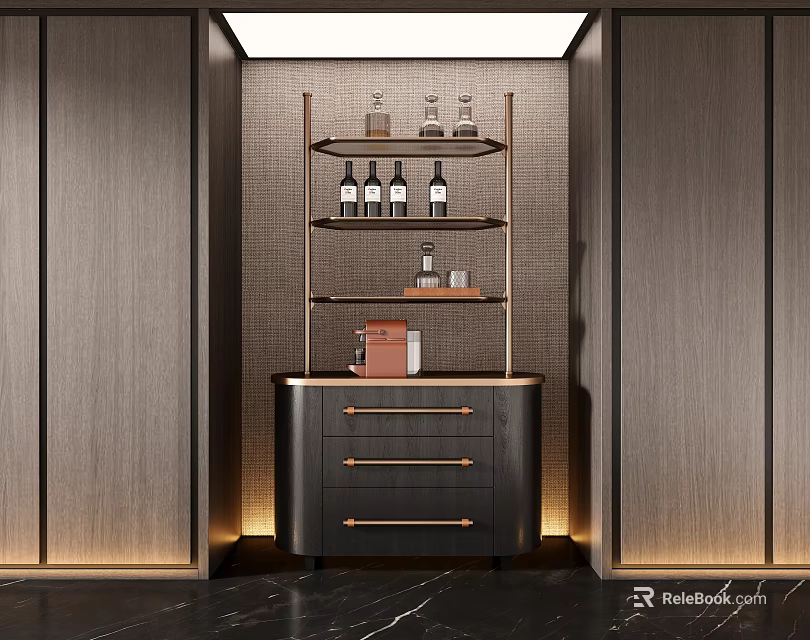 Modern Wine Cabinet Design With Drawers And Wine Bottle Shelves In Elegant Interior 3d model 