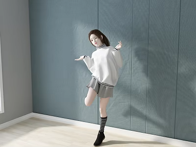 Woman Dancing in White Sweater Gray Skirt Striped Socks Black Shoes Against Blue Wall 3d model
