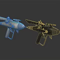 Futuristic Sci Fi Weapons With Light Blue Black Metallic Designs And Wing Shaped Features