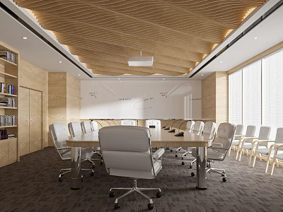 Modern Conference Room Interior With Long Table White Chairs Projector Wooden Ceiling And Bookshelves 3d model