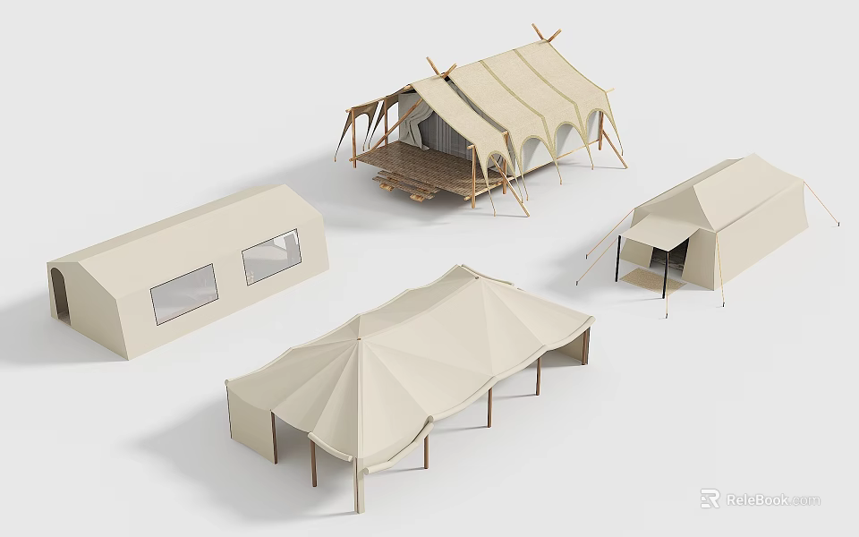Various Styles Of Beige Canvas Glamping Tents For Outdoor Luxury Camping And Resort Accommodation 3d model 
