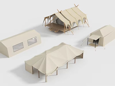 Various Styles Of Beige Canvas Glamping Tents For Outdoor Luxury Camping And Resort Accommodation 3d model