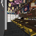 Japanese Restaurant Interior Featuring Sushi Bar Counter Yellow Chairs Cherry Blossom Decor And Lanterns