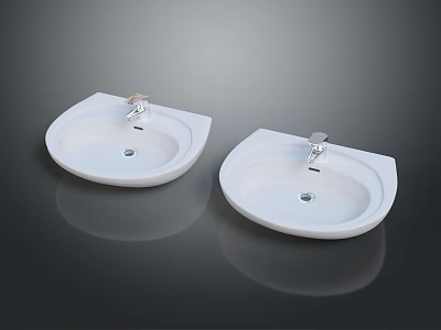 Two White Modern Washbasins With Silver Faucets On Dark Countertop 3d model
