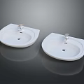 Two White Modern Washbasins With Silver Faucets On Dark Countertop 3d model