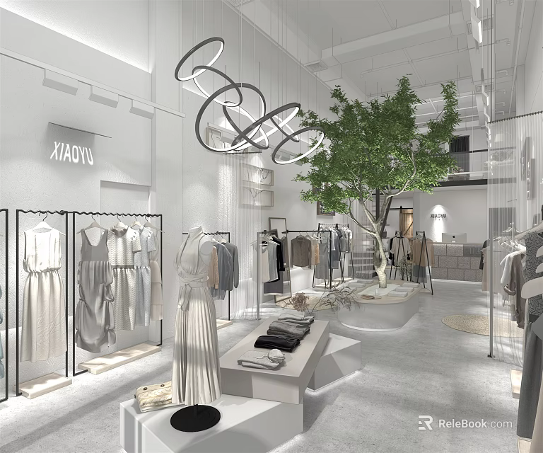 Modern Clothing Store White Interior With Racks Mannequins In Dresses Circular Chandeliers And Indoor Tree 3d model 