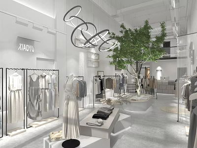 Modern Clothing Store White Interior With Racks Mannequins In Dresses Circular Chandeliers And Indoor Tree 3d model