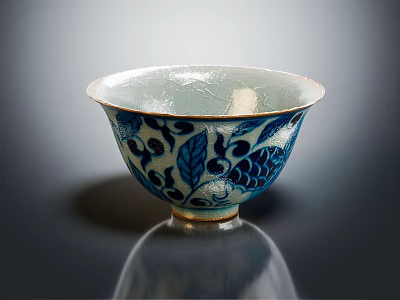 Traditional Blue And White Ceramic Bowl With Floral Leaf Patterns And Elegant Design 3d model