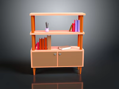 Practical Wooden Bookshelf With Multiple Shelves Cabinet Doors Books And Pencil Holder 3d model