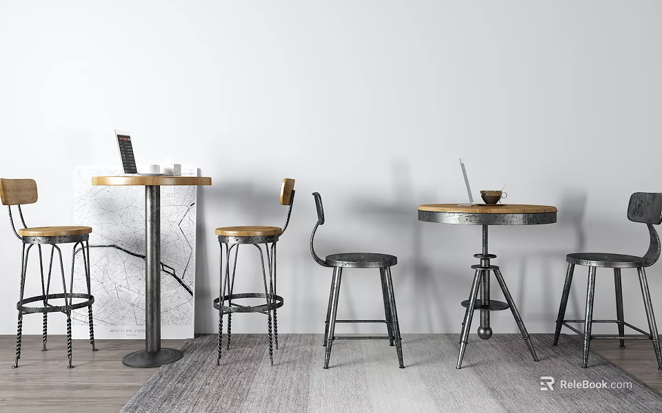 Minimalist Modern Bar With Round Wooden Top Tables And Metal Frame Stools 3d model 