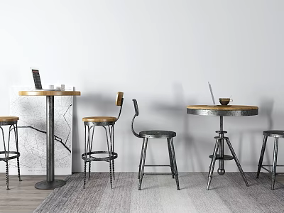 Minimalist Modern Bar With Round Wooden Top Tables And Metal Frame Stools 3d model