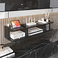 Daily Electrical Appliances Including Tablet Router Projector And Speaker On Wall Mounted Shelf
