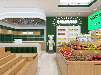 Fresh Fruit Store With Green Walls Wooden Shelves Fresh Fruits Checkout Counter And Cartoon Figure 3d model