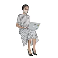 Woman Sitting And Using Laptop In Plaid Dress Wearing Mask With Stickers On Laptop
