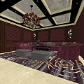 Luxurious KTV Room Interior With Purple Sofa Ornate Chandelier And Patterned Carpet