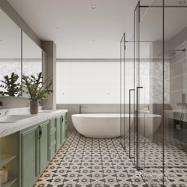 Modern Bathroom Interior With Green Cabinets White Bathtub Glass Shower And Patterned Tile Floor 3d model 