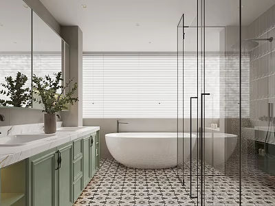 Modern Bathroom Interior With Green Cabinets White Bathtub Glass Shower And Patterned Tile Floor 3d model