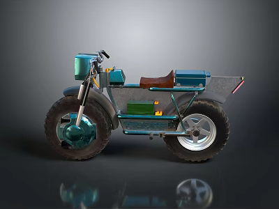 Unique Teal Three Wheeled Motorcycle With Brown Seat And Modern Design 3d model
