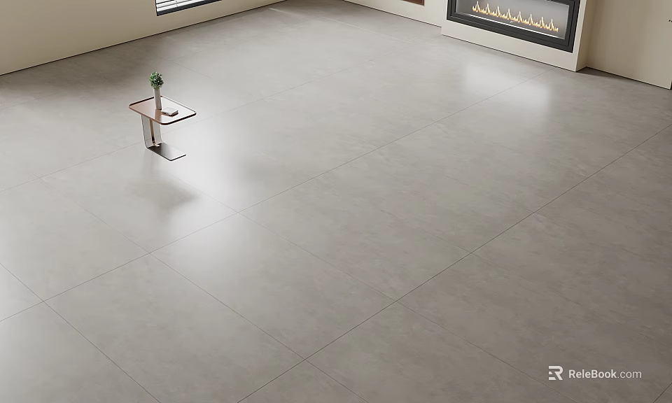 Modern Living Room Floor With Light Gray Tiles And Side Table 3d model 