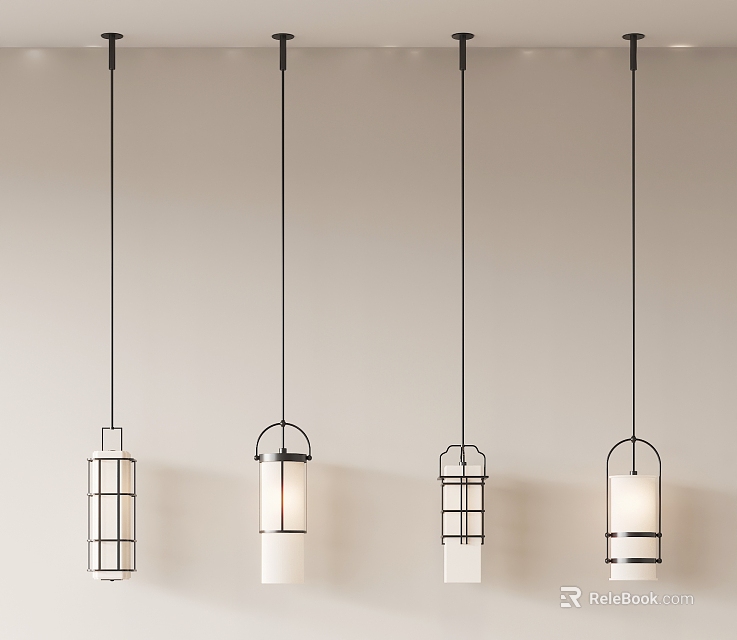 Modern Minimalist Pendant Lights With Metal Frames And White Glass Shades 3d model 