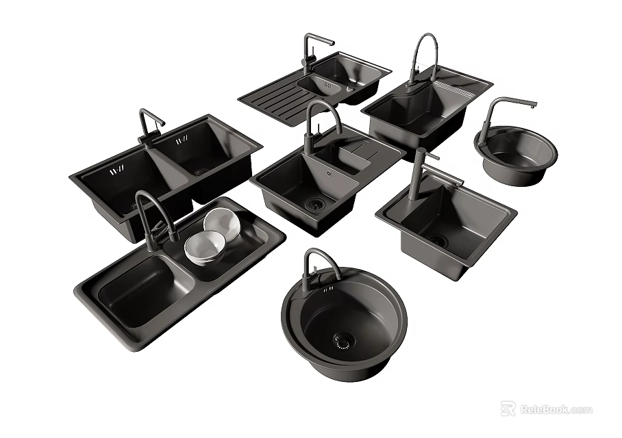 Modern Kitchen Sinks With Faucets Drain Boards And Black Finish 3d model 