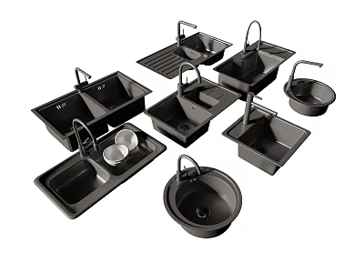 Modern Kitchen Sinks With Faucets Drain Boards And Black Finish 3d model