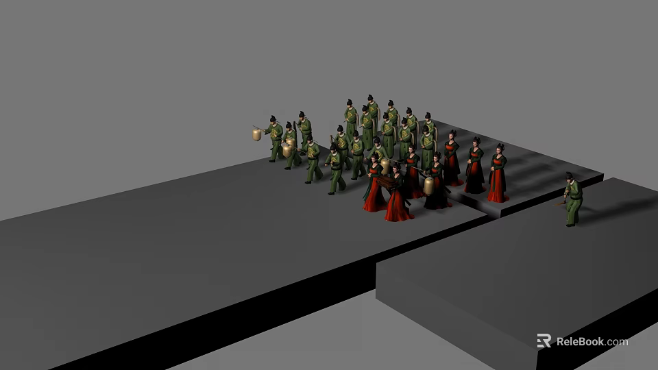 Game And Movie Characters In Green Red Costumes Holding Drums Arranged In Formation Performing Ritual 3d model 
