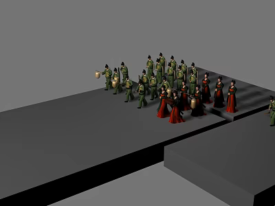 Game And Movie Characters In Green Red Costumes Holding Drums Arranged In Formation Performing Ritual 3d model