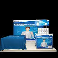 Display Shelves With Blue Tablecloth Product Boxes And Background Advertising Boards